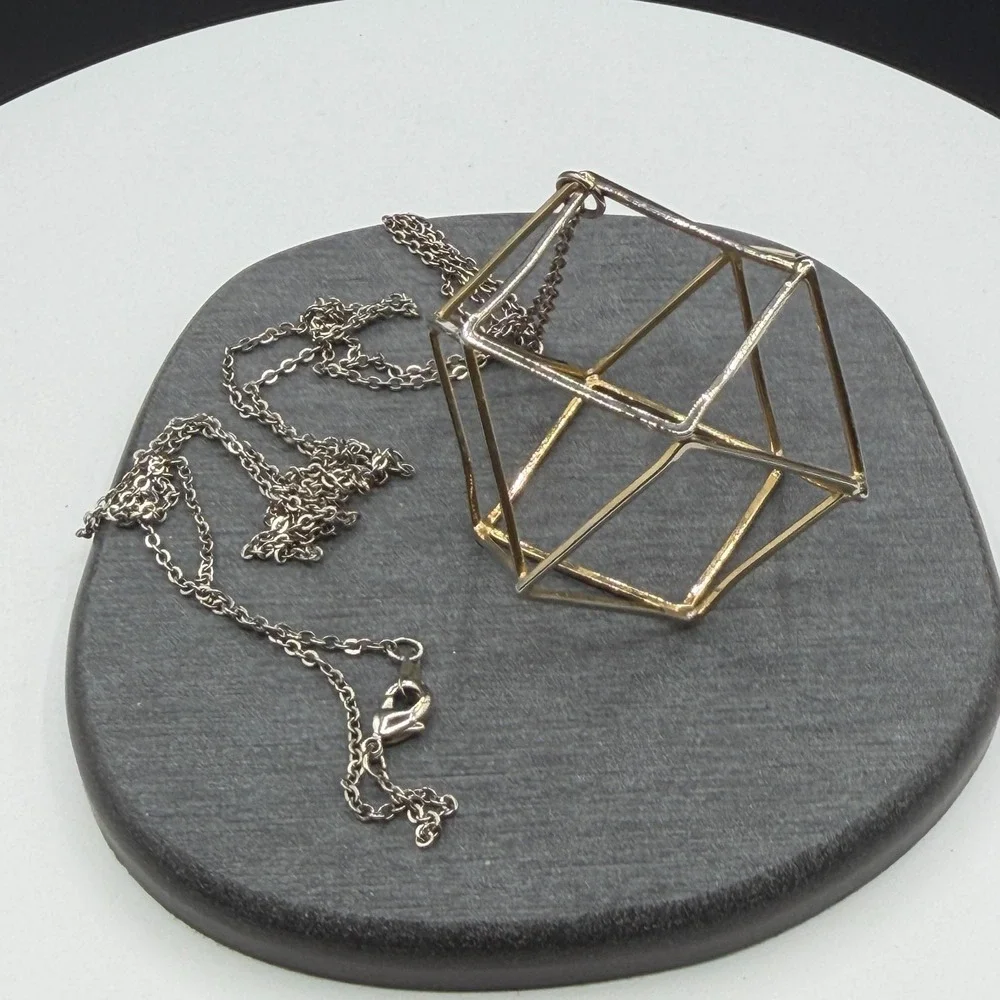 Two Tone Geometric Cube Pendant Necklace 3D Wireframe Modernist Statement Gift